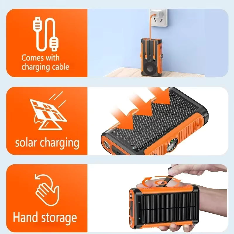 Power Bank Solar de 50.000 mAh, 22,5 W, com Carregamento Sem Fio Magnético, Powerbank para Camping com Cabos Integrados, Bateria Externa para iPhone com MagSafe