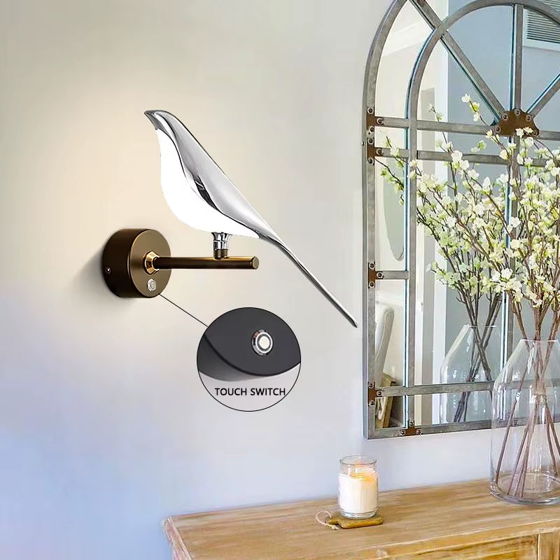 Nordic Touch Switch LED Wall Lamps for Bedside TV Background Gold Silver Magpie Bird LED Wall Lights Wall Sconce for Corridor