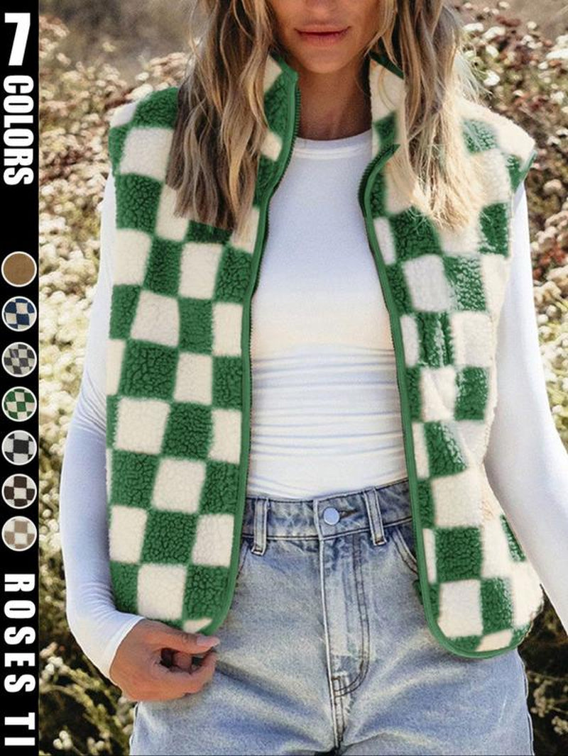 Ins Style Checkerboard Plush Vest Women'S Autumn and Winter Outerwear Short Style Shoulder Retro Square Grid Loose Vest Jacket Top