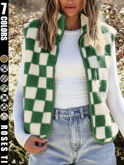 Ins Style Checkerboard Plush Vest Women'S Autumn and Winter Outerwear Short Style Shoulder Retro Square Grid Loose Vest Jacket Top