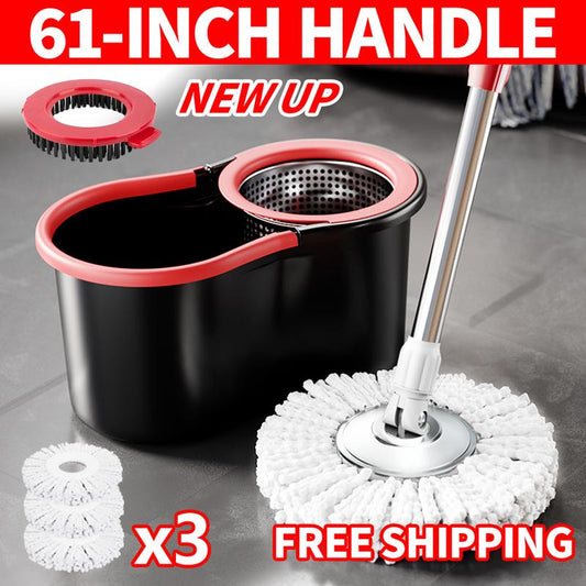 Mop Bucket Set with 360° Spin Mop and Bucket System 3 Microfiber Heads 61In Adjustable Handle for Shop Floor Cleaning