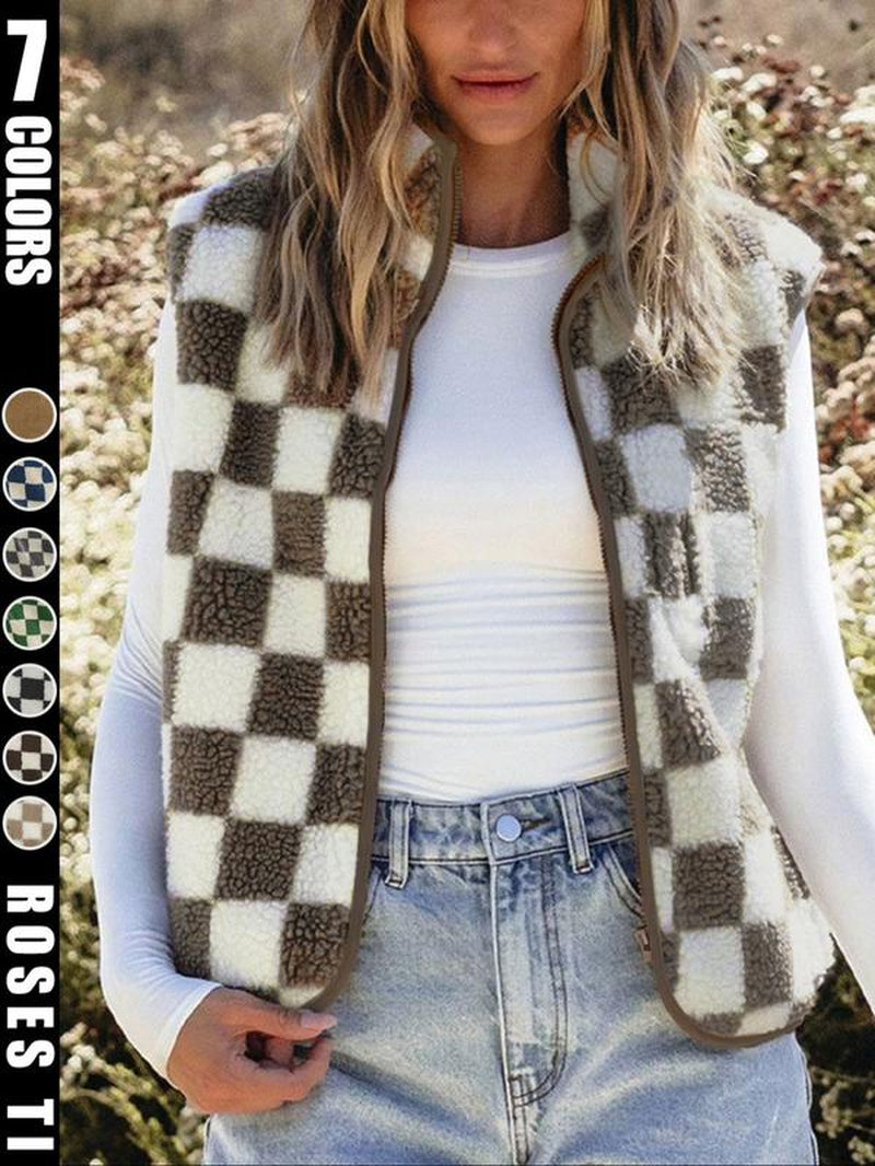 Ins Style Checkerboard Plush Vest Women'S Autumn and Winter Outerwear Short Style Shoulder Retro Square Grid Loose Vest Jacket Top