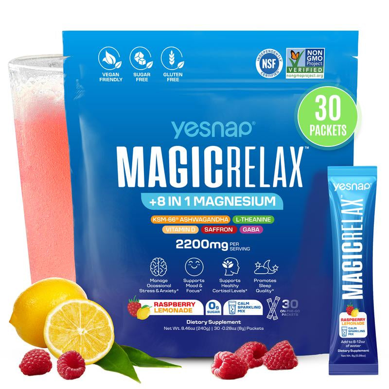 Yesnap MAGICRELAX Calming Sparking Mix with 8-In-1 Magnesium KSM-66 Ashwagandha Saffron Vitamin D3 GABA L-Theanine Supports Cortisol Balance Mood Sleep 30 Servings No Sugar Non GMO Raspberry Lemonade Flavor