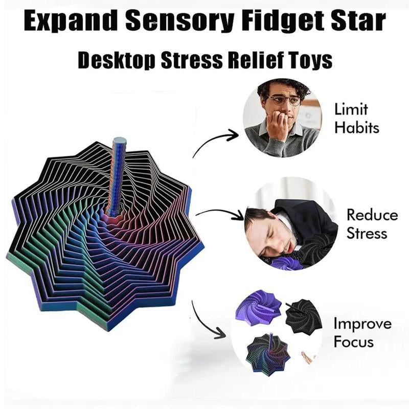 3D Printed Expanded Sensory Fidget Star, New Stress Relief Sensory Whirling Spiral with Handle, Very Satisfying Sight and Sound with Hypnotizing Visual Fidget Toy