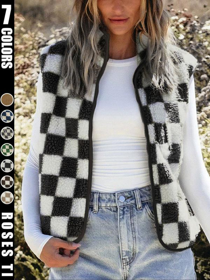 Ins Style Checkerboard Plush Vest Women'S Autumn and Winter Outerwear Short Style Shoulder Retro Square Grid Loose Vest Jacket Top