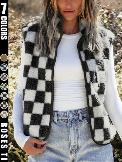 Ins Style Checkerboard Plush Vest Women'S Autumn and Winter Outerwear Short Style Shoulder Retro Square Grid Loose Vest Jacket Top
