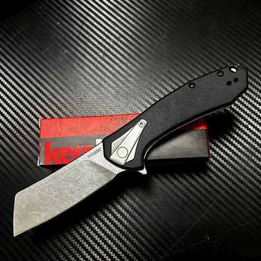 KS 3455 Outdoor Folding Knife, 3.4" Stone Wash Blade, Black G10 Handle, Stainless Steel Frame Lock, Survival Tool for Camping Hiking EDC