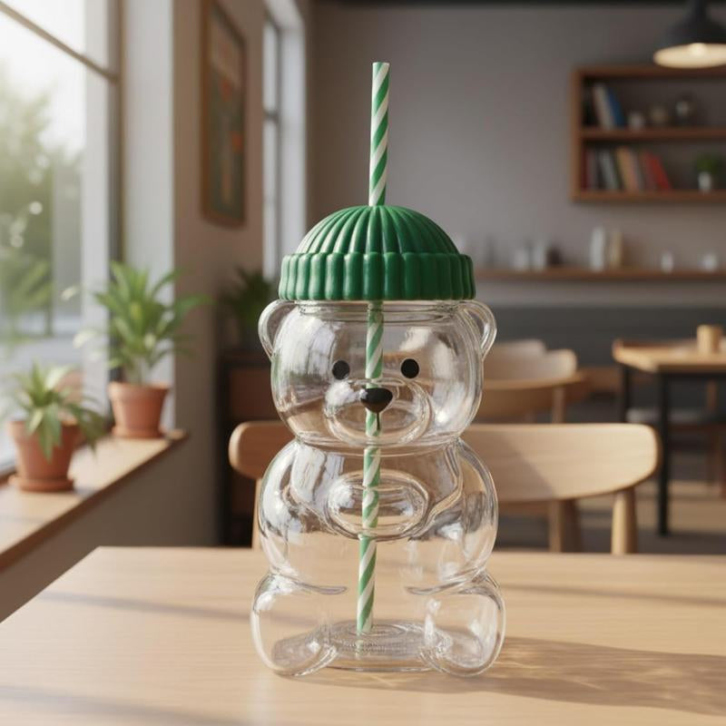 Cute Bear Cold Cup for 2026 Holiday Collection - Nostalgic 20Oz Glass Mug with Striped Straw & Green Beanie Lid for Coffee, Beer, Wine, Cocktails - Perfect Christmas & Couples Gift for Kids