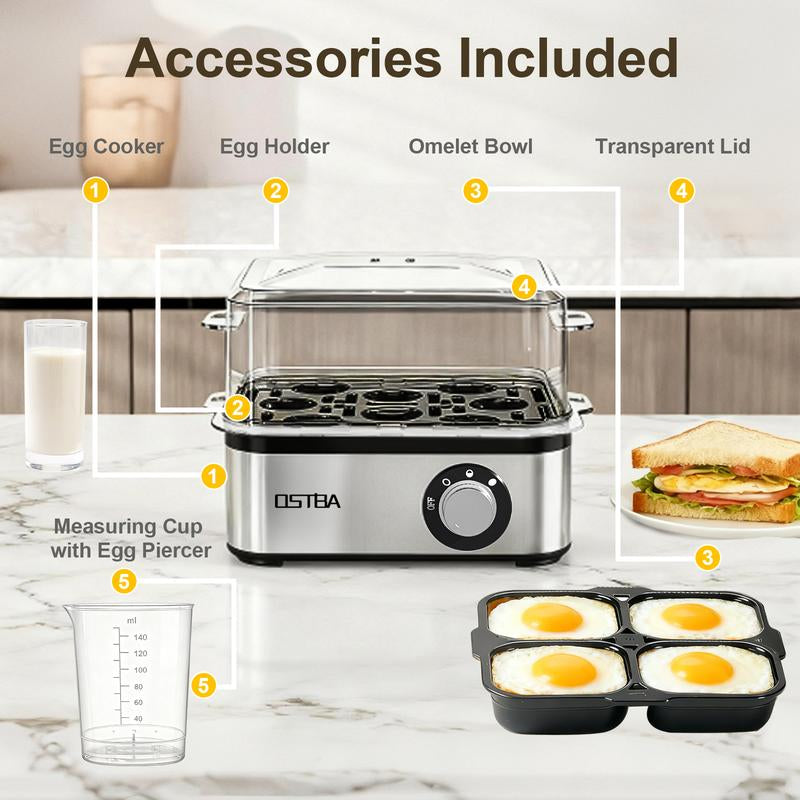 OSTBA 500W Egg Cooker with Buzzer, 8-Egg Capacity Electric Egg Steamer with Timer and Auto Shut-Off, Stainless Steel Hard Boiled Egg Maker with Poaching Bowl Multi-Function