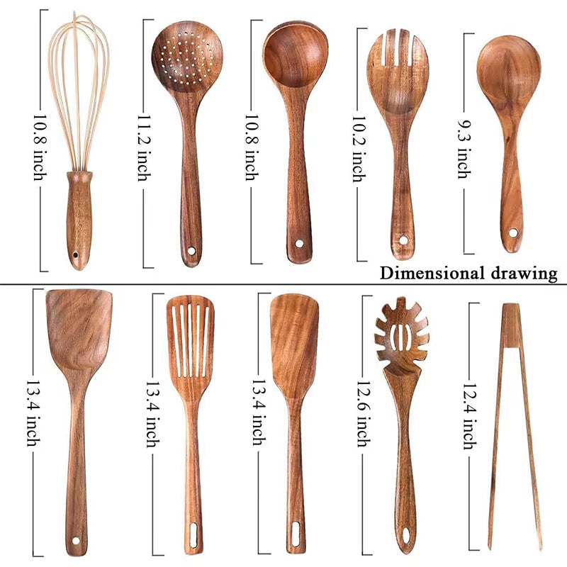 10 Pack Natural Teak Wooden Kitchen Utensil Set Wooden Spoons Spatula Cooking Utensil Set for Cooking Baking JT503