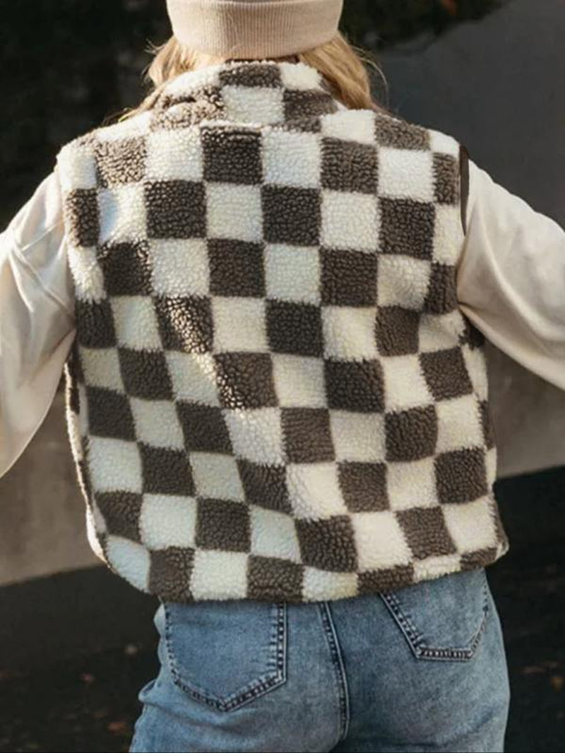 Ins Style Checkerboard Plush Vest Women'S Autumn and Winter Outerwear Short Style Shoulder Retro Square Grid Loose Vest Jacket Top