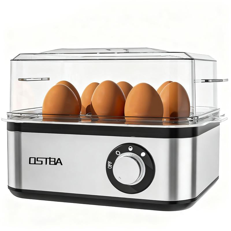 OSTBA 500W Egg Cooker with Buzzer, 8-Egg Capacity Electric Egg Steamer with Timer and Auto Shut-Off, Stainless Steel Hard Boiled Egg Maker with Poaching Bowl Multi-Function