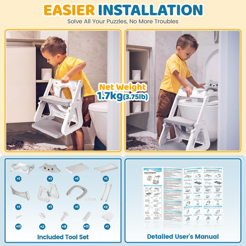 Orzbow 2-IN-1 Potty Training Toilet Seat with Step Stool for Toddler, Stability Training Potty Seat for Kids Boys Girls with Splash Guard and Anti-Slip Pad, Adjustable Ladder & Potty Seat Height, Grey