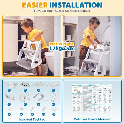 Orzbow 2-IN-1 Potty Training Toilet Seat with Step Stool for Toddler, Stability Training Potty Seat for Kids Boys Girls with Splash Guard and Anti-Slip Pad, Adjustable Ladder & Potty Seat Height, Grey