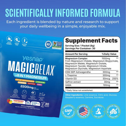 Yesnap MAGICRELAX Calming Sparking Mix with 8-In-1 Magnesium KSM-66 Ashwagandha Saffron Vitamin D3 GABA L-Theanine Supports Cortisol Balance Mood Sleep 30 Servings No Sugar Non GMO Raspberry Lemonade Flavor
