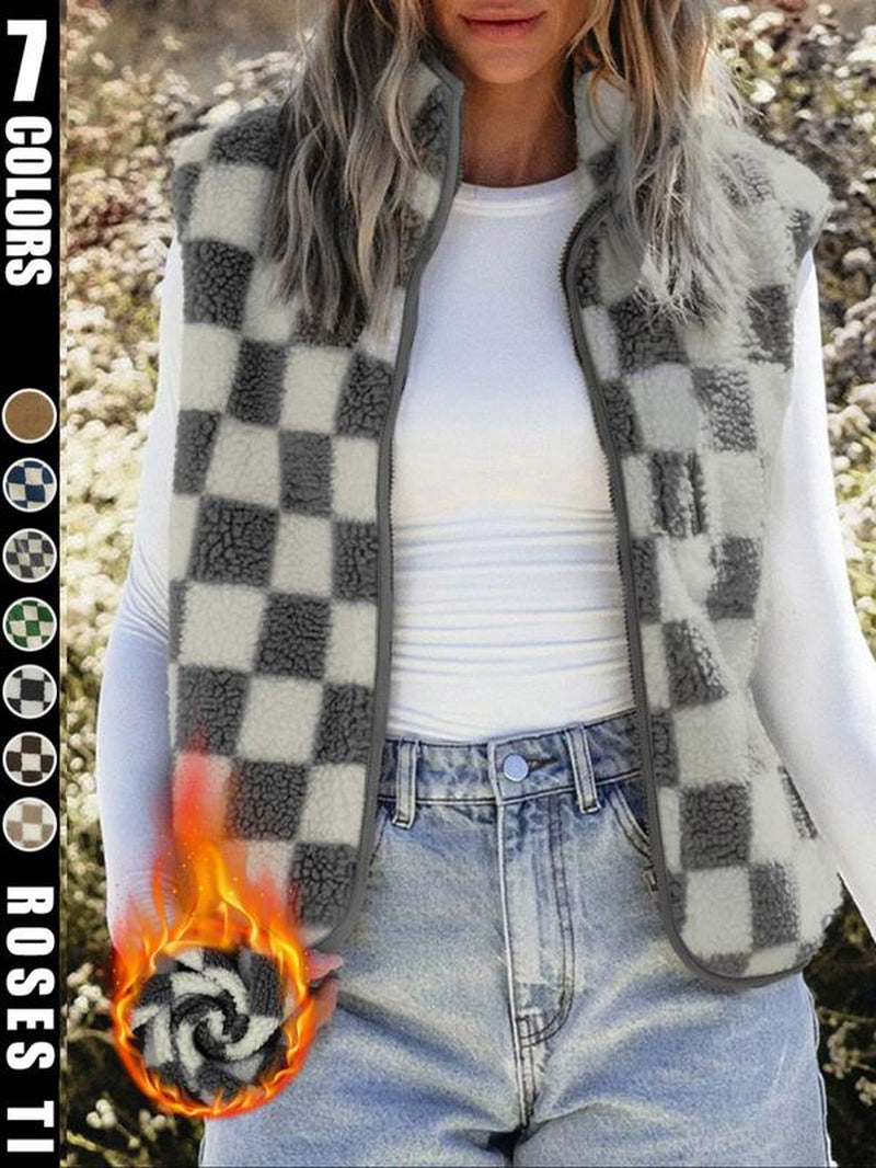 Ins Style Checkerboard Plush Vest Women'S Autumn and Winter Outerwear Short Style Shoulder Retro Square Grid Loose Vest Jacket Top