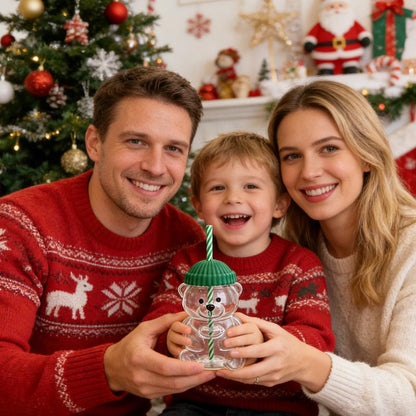 Cute Bear Cold Cup for 2026 Holiday Collection - Nostalgic 20Oz Glass Mug with Striped Straw & Green Beanie Lid for Coffee, Beer, Wine, Cocktails - Perfect Christmas & Couples Gift for Kids