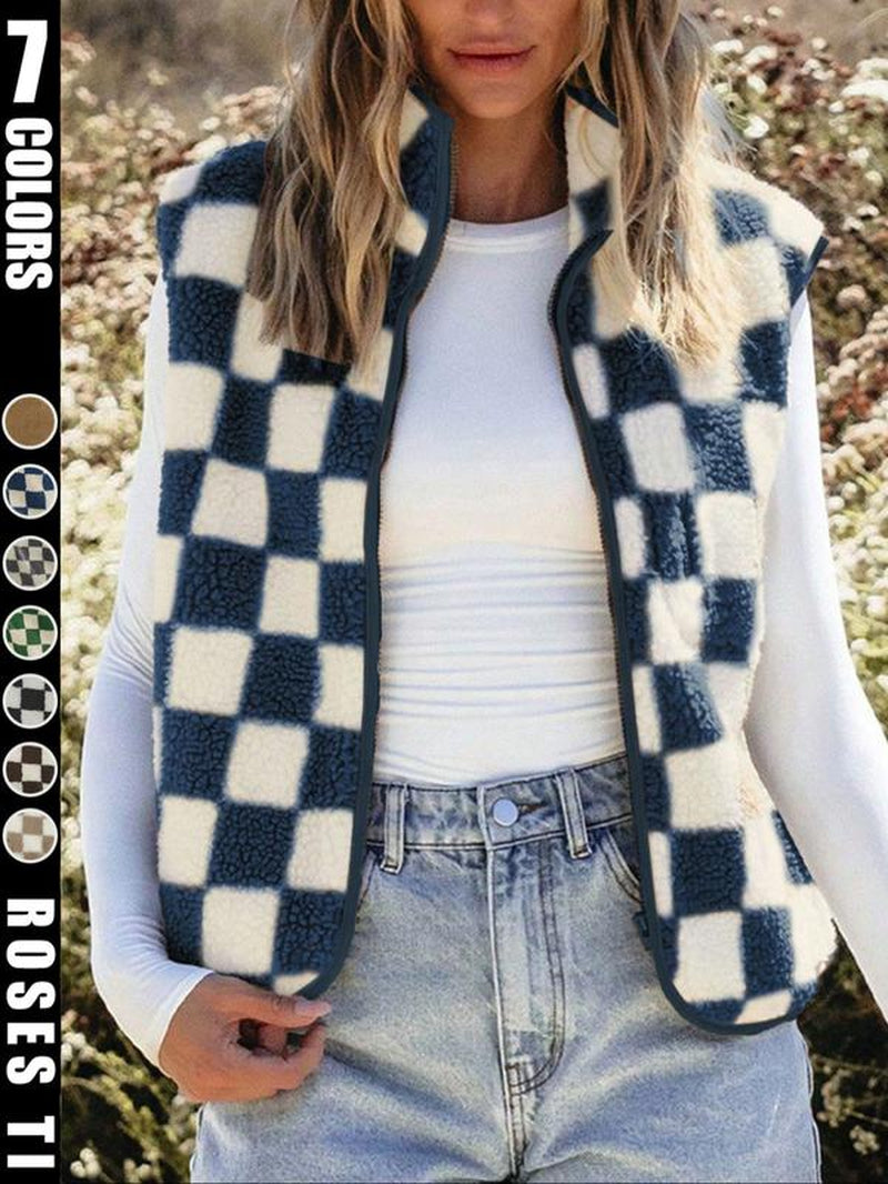 Ins Style Checkerboard Plush Vest Women'S Autumn and Winter Outerwear Short Style Shoulder Retro Square Grid Loose Vest Jacket Top