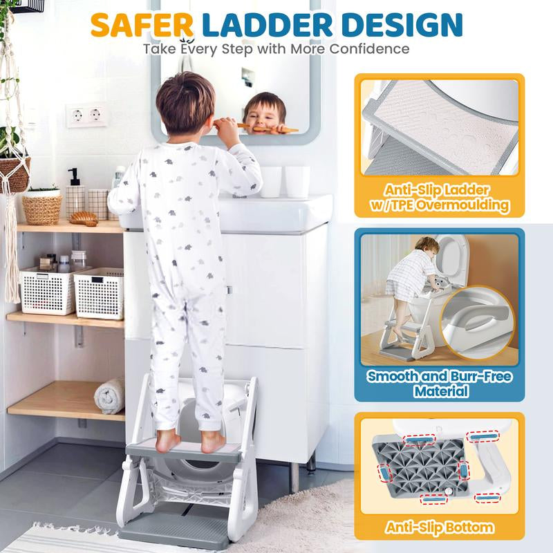 Orzbow 2-IN-1 Potty Training Toilet Seat with Step Stool for Toddler, Stability Training Potty Seat for Kids Boys Girls with Splash Guard and Anti-Slip Pad, Adjustable Ladder & Potty Seat Height, Grey