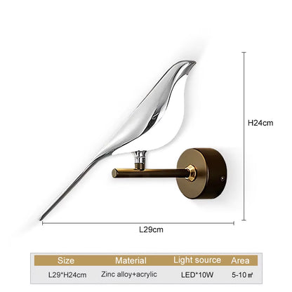 Nordic Touch Switch LED Wall Lamps for Bedside TV Background Gold Silver Magpie Bird LED Wall Lights Wall Sconce for Corridor
