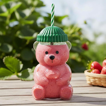 Cute Bear Cold Cup for 2026 Holiday Collection - Nostalgic 20Oz Glass Mug with Striped Straw & Green Beanie Lid for Coffee, Beer, Wine, Cocktails - Perfect Christmas & Couples Gift for Kids