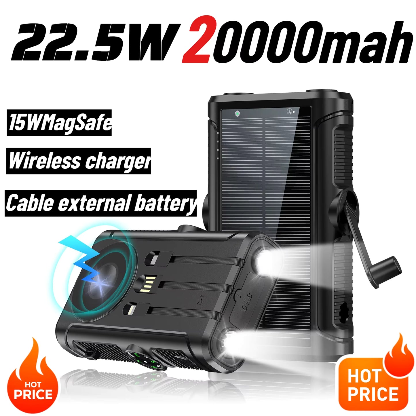 Power Bank Solar de 50.000 mAh, 22,5 W, com Carregamento Sem Fio Magnético, Powerbank para Camping com Cabos Integrados, Bateria Externa para iPhone com MagSafe