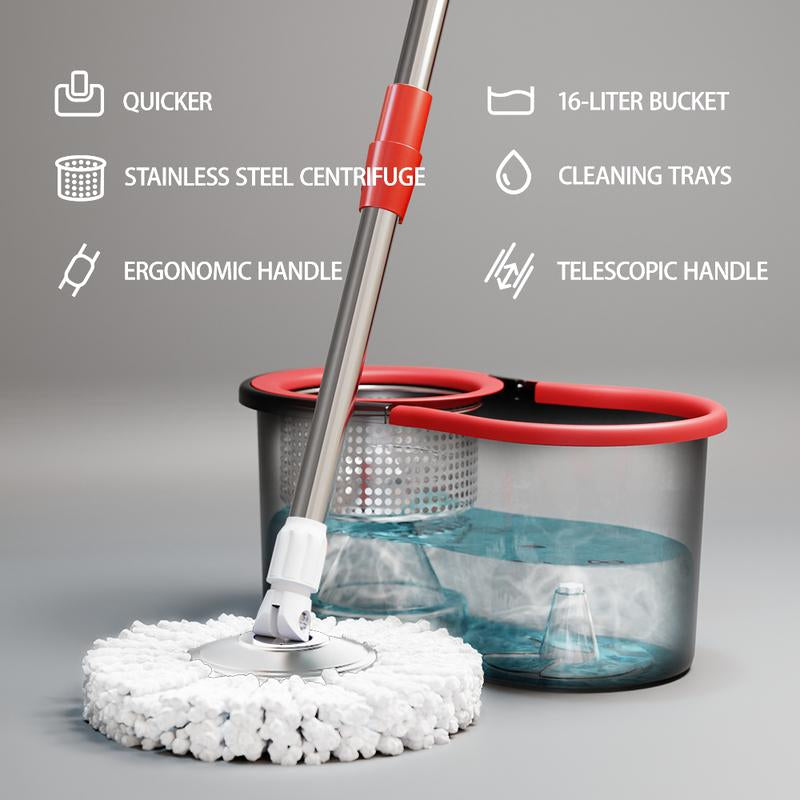 Mop Bucket Set with 360° Spin Mop and Bucket System 3 Microfiber Heads 61In Adjustable Handle for Shop Floor Cleaning