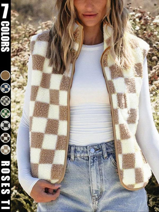 Ins Style Checkerboard Plush Vest Women'S Autumn and Winter Outerwear Short Style Shoulder Retro Square Grid Loose Vest Jacket Top