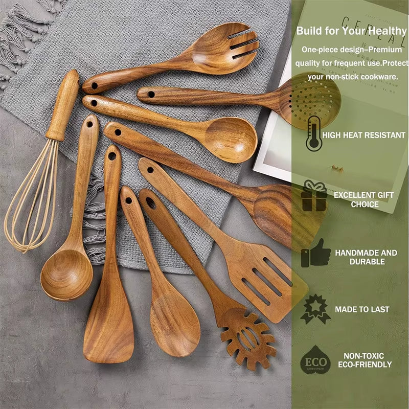 10 Pack Natural Teak Wooden Kitchen Utensil Set Wooden Spoons Spatula Cooking Utensil Set for Cooking Baking JT503