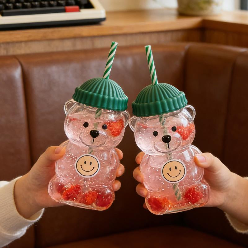 Cute Bear Cold Cup for 2026 Holiday Collection - Nostalgic 20Oz Glass Mug with Striped Straw & Green Beanie Lid for Coffee, Beer, Wine, Cocktails - Perfect Christmas & Couples Gift for Kids