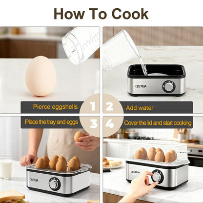 OSTBA 500W Egg Cooker with Buzzer, 8-Egg Capacity Electric Egg Steamer with Timer and Auto Shut-Off, Stainless Steel Hard Boiled Egg Maker with Poaching Bowl Multi-Function