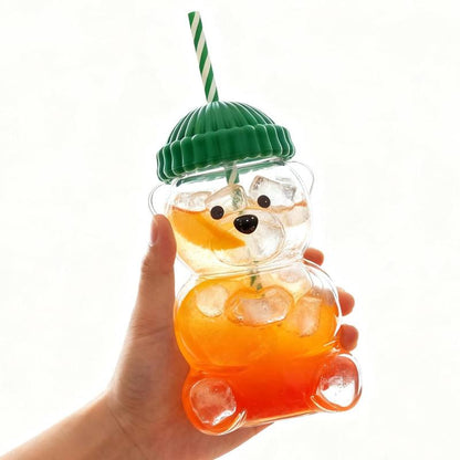 Cute Bear Cold Cup for 2026 Holiday Collection - Nostalgic 20Oz Glass Mug with Striped Straw & Green Beanie Lid for Coffee, Beer, Wine, Cocktails - Perfect Christmas & Couples Gift for Kids