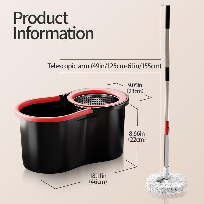 Mop Bucket Set with 360° Spin Mop and Bucket System 3 Microfiber Heads 61In Adjustable Handle for Shop Floor Cleaning