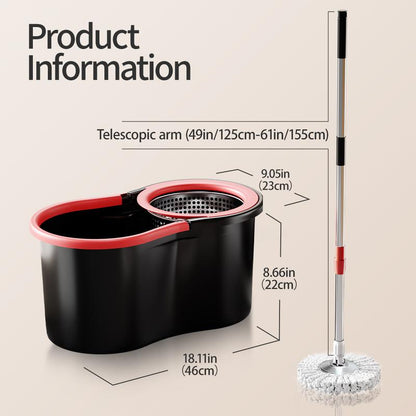 Mop Bucket Set with 360° Spin Mop and Bucket System 3 Microfiber Heads 61In Adjustable Handle for Shop Floor Cleaning