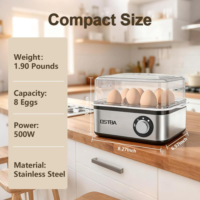 OSTBA 500W Egg Cooker with Buzzer, 8-Egg Capacity Electric Egg Steamer with Timer and Auto Shut-Off, Stainless Steel Hard Boiled Egg Maker with Poaching Bowl Multi-Function