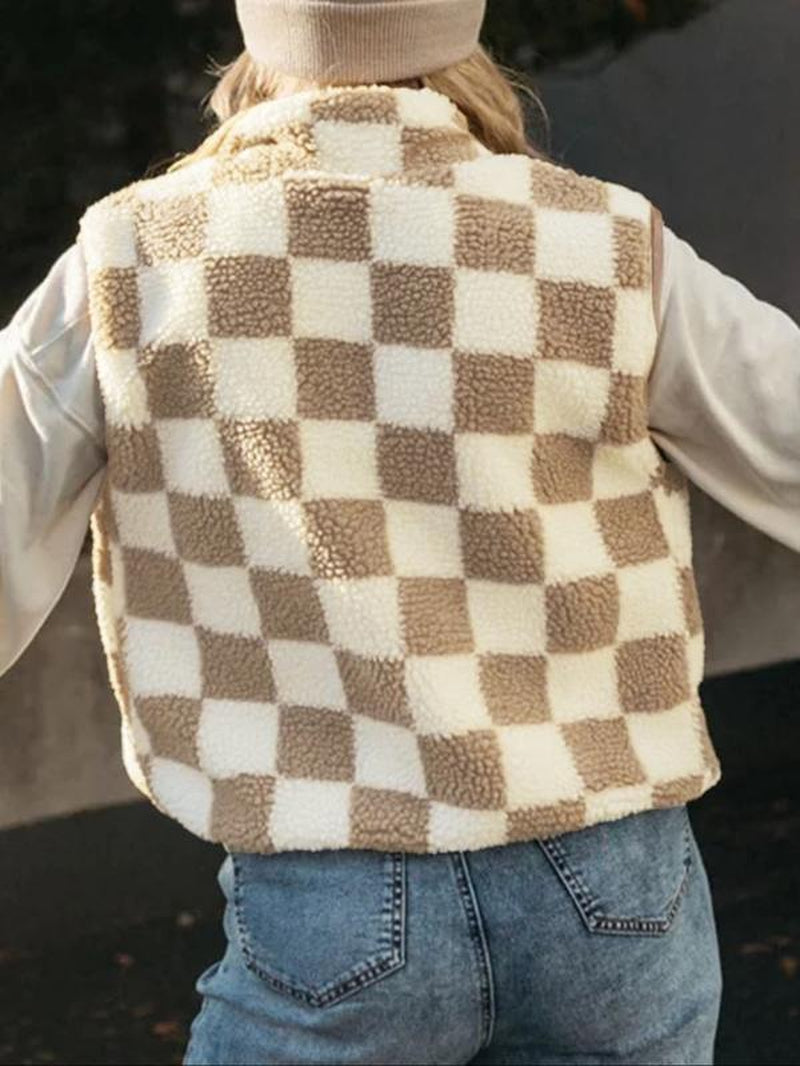Ins Style Checkerboard Plush Vest Women'S Autumn and Winter Outerwear Short Style Shoulder Retro Square Grid Loose Vest Jacket Top