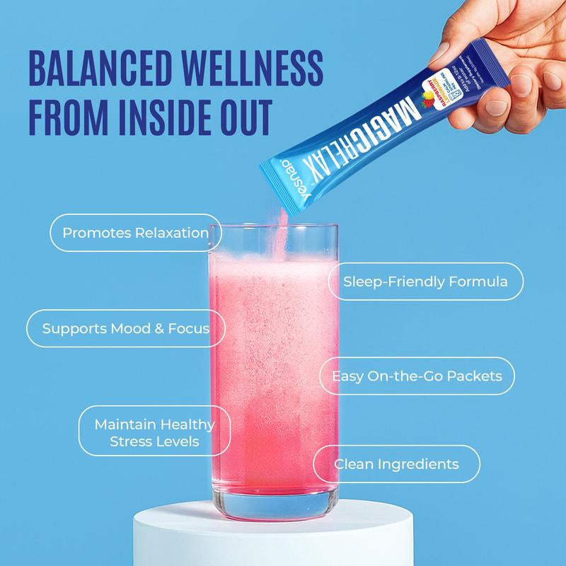Yesnap MAGICRELAX Calming Sparking Mix with 8-In-1 Magnesium KSM-66 Ashwagandha Saffron Vitamin D3 GABA L-Theanine Supports Cortisol Balance Mood Sleep 30 Servings No Sugar Non GMO Raspberry Lemonade Flavor