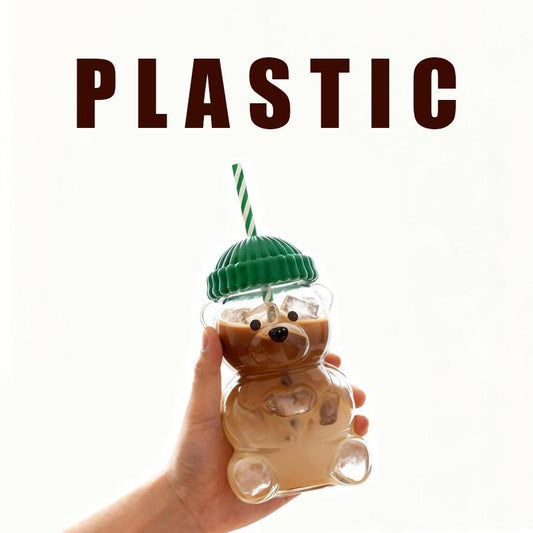 Cute Bear Cold Cup for 2026 Holiday Collection - Nostalgic 20Oz Glass Mug with Striped Straw & Green Beanie Lid for Coffee, Beer, Wine, Cocktails - Perfect Christmas & Couples Gift for Kids