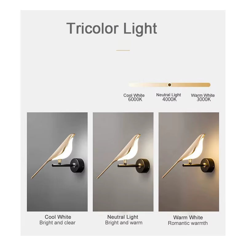 Nordic Touch Switch LED Wall Lamps for Bedside TV Background Gold Silver Magpie Bird LED Wall Lights Wall Sconce for Corridor