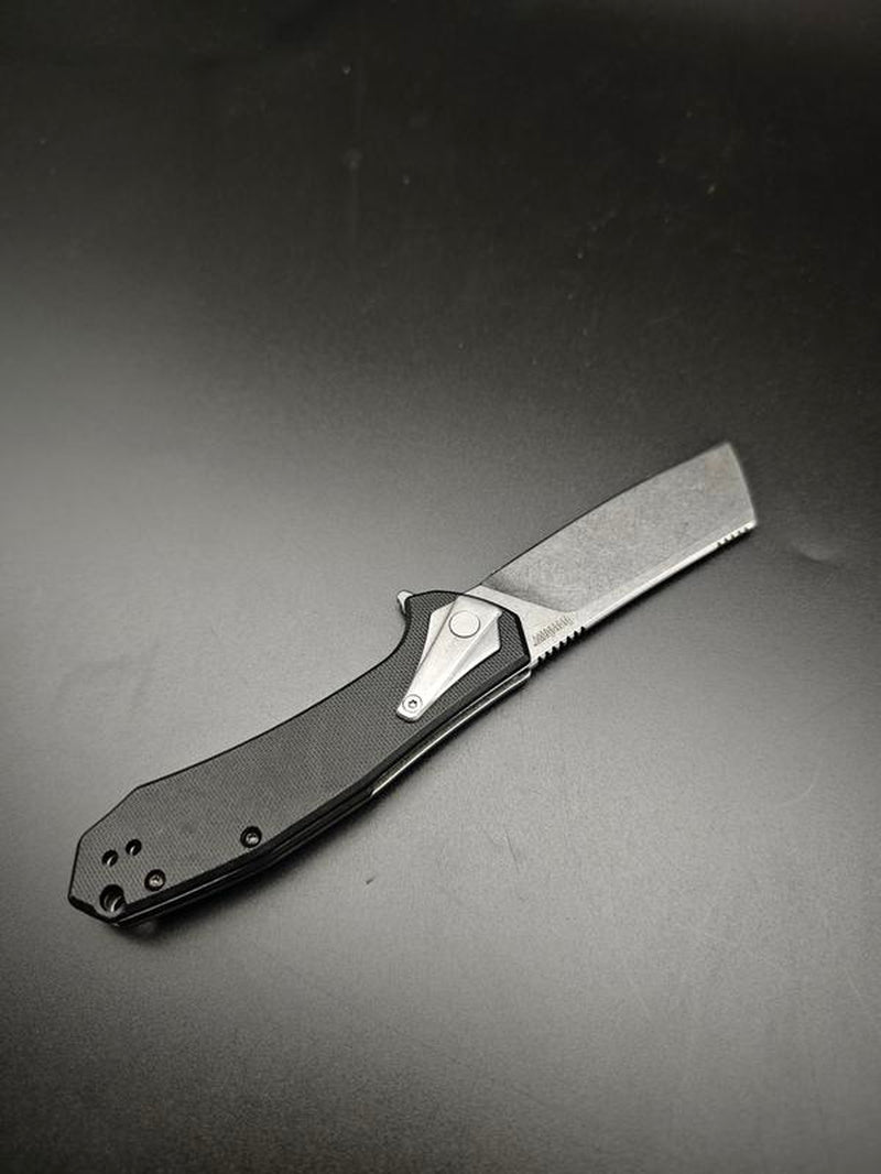 KS 3455 Outdoor Folding Knife, 3.4" Stone Wash Blade, Black G10 Handle, Stainless Steel Frame Lock, Survival Tool for Camping Hiking EDC