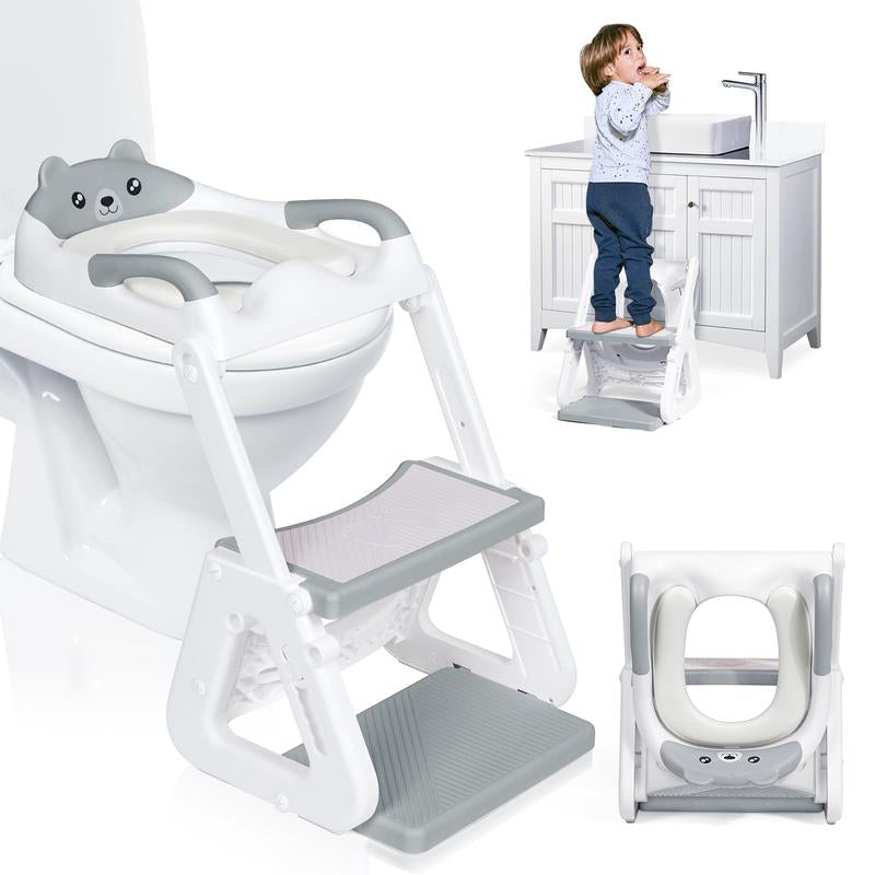 Orzbow 2-IN-1 Potty Training Toilet Seat with Step Stool for Toddler, Stability Training Potty Seat for Kids Boys Girls with Splash Guard and Anti-Slip Pad, Adjustable Ladder & Potty Seat Height, Grey