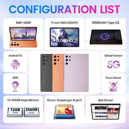Presente de Ano Novo 2026 — Tablet X9 com 256GB de ROM, Tela Touchscreen, Câmeras Duplas, Bluetooth, Capa com Teclado, Mouse e Caneta Stylus, 5G, Carregamento Type-C, Grande Armazenamento, Celular/Smartphone Portátil.