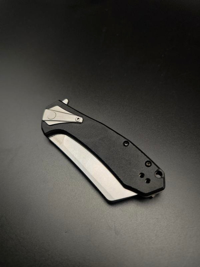 KS 3455 Outdoor Folding Knife, 3.4" Stone Wash Blade, Black G10 Handle, Stainless Steel Frame Lock, Survival Tool for Camping Hiking EDC