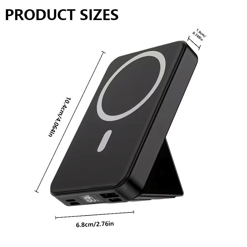 Magnetic Power Bank 10000Mah Wireless Portable Charger with USB-C Cable LED Display Foldable Battery Pack for Iphone 16/15/14/13/12/Pro/Pro Max Series Charging Compact Silicone Black